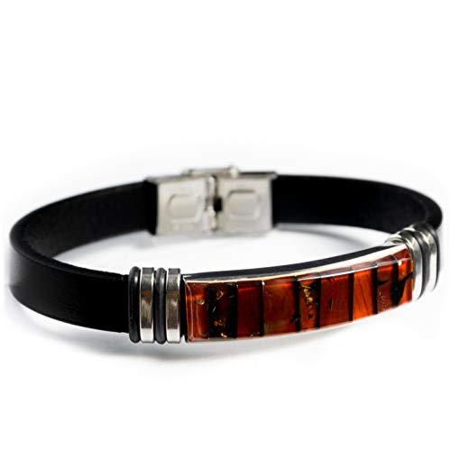 Handmade Baltic Amber Mosaics Bracelet With Leatherette Band, Stainless Steel Clasp, Ideal For 7.4 In Wrist Size, Adjustable, Baltic Amber Jewelry For Adults, Unisex (Cherry And Dark Cognac) #TOP14