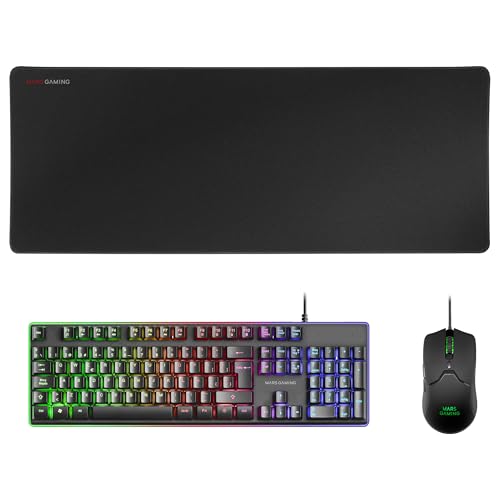Mars Gaming MCPX, Combo Gaming 3en1 con Teclado H-Mech Iluminado, Ratón Ultraligero 10000 dpi con Software y Alfombrilla XXL, Compatible con PC, PS4, PS5, Xbox, Idioma Español, Negro