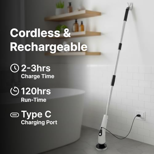 Image of pTron EaseMate Scrubber X1, Electric Spin Scrubber w / 5 Adjustable Speeds, Cleaning Brush Scrubber for Home, 400RPM /min, 120 min Run Time, 8 Replaceable Brush Heads for Bathroom, Floor Tiles (White)