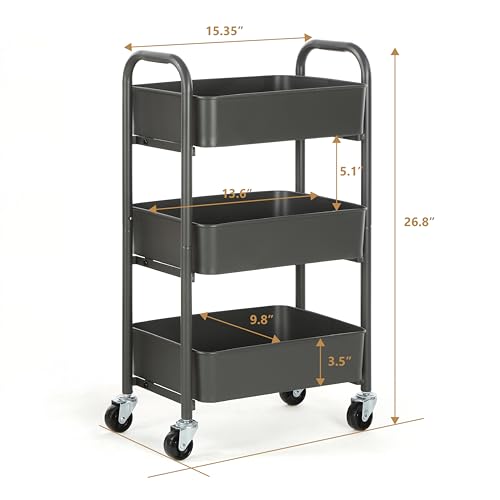 Image of SunnyPoint 3-Tier Delicate Compact Rolling Metal Storage Organizer - Mobile Utility Cart Kitchen /Under Desk Cart with Caster Wheels (Gray, 15.35 inch X 10.24 inch X 26.8 inchH)