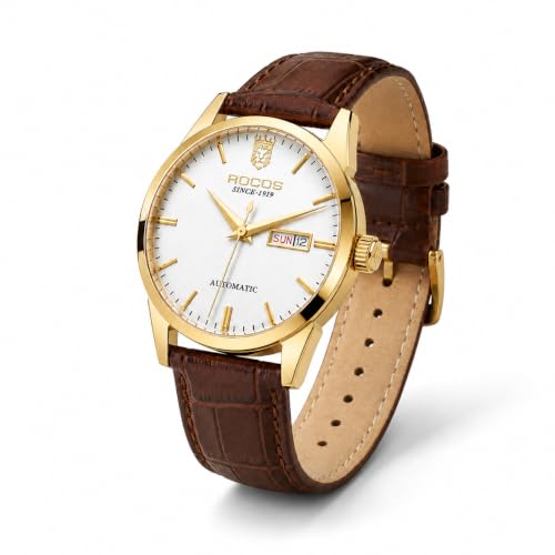 Image of ROCOSJEWE Men's Automatic Watch, Luxury Mechanical Watch for Men with Gold Case & Brown Leather Strap, 40mm Business Dress Watch with Day Date Display, Waterproof Analog Wristwatch