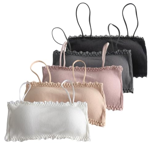 5 Pieces Girls' Spaghetti Strap Sports Bra, Cotton Girls Training Bra, Crop Cami Training Bras for Girls Cotton Bra, White+Peach+Black+Skin Color+Dark Gray2