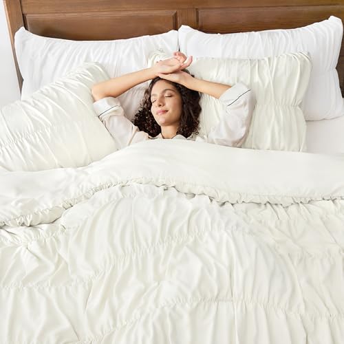 Image of Andency Ruched Ivory Queen Size Comforter Set, Shabby Chic Pleated Bedding Sets 3 Pieces, Lightweight Soft Boho Ruffle Bed Set for Girls, Kids, Women, All Season