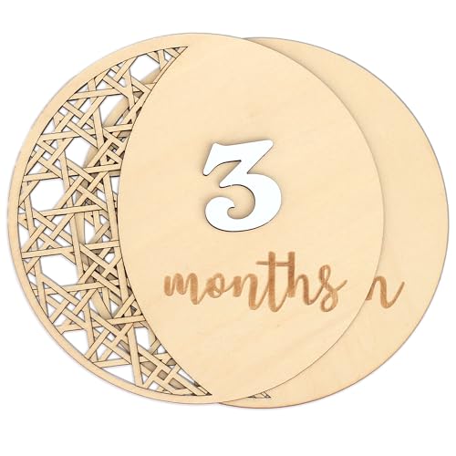 Baby Monthly Milestone, Wooden Baby Milestone Signs, Monthly Milestone Wood Discs, Baby Milestone Discs, Baby Photo Props Cards Interchangeable Number Set of 12 for Baby Growth Recording (Moon)