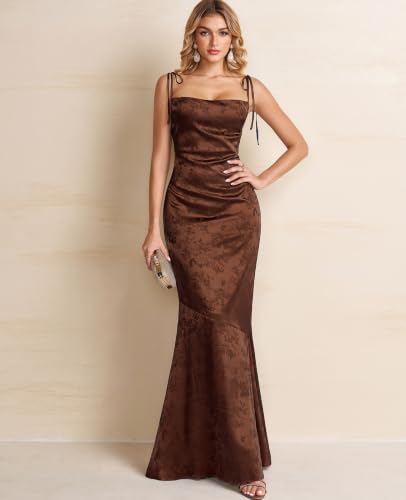 Image of GLNEGE Wedding Guest Maxi Prom Dress Lace Up Satin Formal Dresses for Women | Spaghetti Strap Cocktail Elegant Bridal Shower Wgute Dress Bodycon Mermaid Long Evening Black Tie Dresses for Women