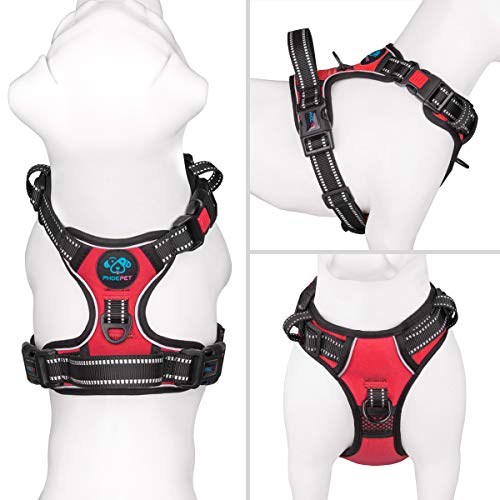 Image of PHOEPET No Pull Dog Harness Medium Reflective Front Clip Vest with Handle,Adjustable 2 Metal Rings 3 Buckles[Easy to Put on & Take Off](M, Red)