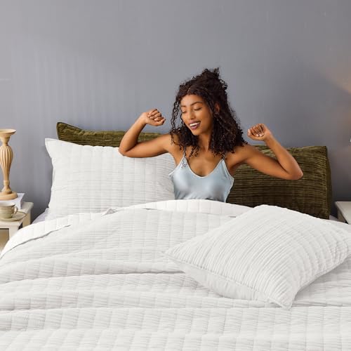 Image of Wonderful Corduroy Texture Ivory Quilt Set Queen - Hypoallergenic Skin-Friendly Soft Plush Velvety Touch Bedspread, Classic Vertical Striped Lightweight Coverlet for All Season, 94 inchx94 inch