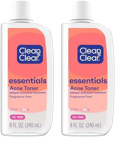Clean & Clear Essentials Oil-Free Acne Toner, 2% Salicylic Acid Acne Treatment, Gentle Facial Toner for Pimples Cleanses Pores to Clear & Remove Blackheads, Fragrance Free, 8 fl. oz (Pack of 2)