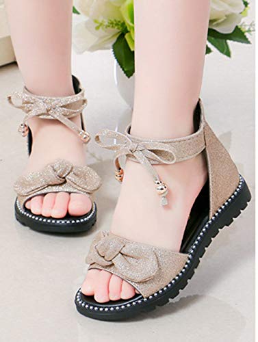 Girls’ Sweet Bows Ankle Strap Back Zipper Roman Sandals Flats Gold Size 13.5M4