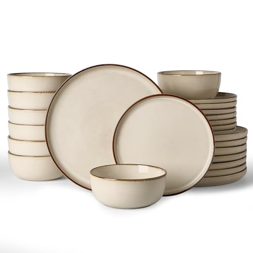 Image of Famiware Milkyway Stoneware Dinnerware Set, 24-Piece, Double Reactive Glaze, Plates and Bowls, Service for 8, Microwave and Dishwasher Safe, Scratch-Resistant, Light khaki