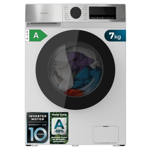 Cecotec Lavadora Carga Frontal 7Kg Bolero DressCode 7450 Inverter. 1850W, 1200 rpm, Clase A-10%, Bajo Consumo, 16 programas, Panel Inox, Allergy Care, Pearl Drum, Función Silence, KidLock, Blanco