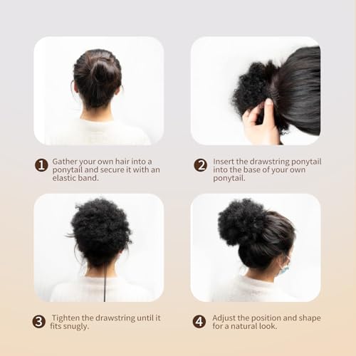 8 Inch Natural Afro Puff Real Human Hair Ponytail for Black Women Halloween Kinky Curly Ponytail Extension Drawstring Ponytail 4c African American Cheer Big High Fake Bun Christmas Jet Black 50g