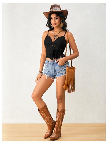 OYOANGLE Women's Y2K Fringe Sleeveless Spaghetti Strap Faux Suede Vintage Hippie Crop Top Blouse4