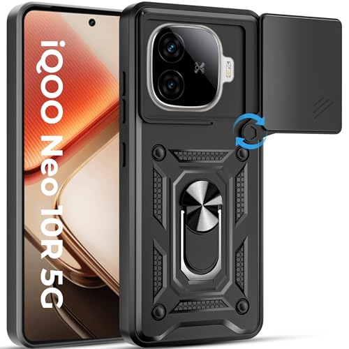 Image of A rtistque Armor Bumper Back Case Cover for iQOO Neo 10R 5G | Stylish Ring Holder & Inbuilt Stand | Sliding Camera Cover | Shockproof TPU Protective Design | iQOO Neo 10r Back Cover - Black