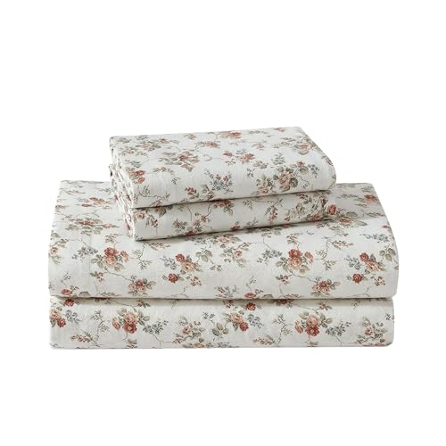 Image of Laura Ashley - Full Sheet Set, Cotton Flannel Bedding, Brushed for Extra Softness & Comfort (Le Fleur Orange, Full)