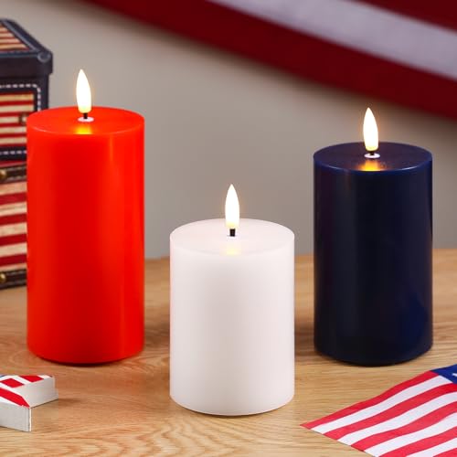 Image of Hiboom 3 Pcs 4th of July Flameless Candles Patriotic Red White and Blue LED Flameless Pillar Candles Real Wax Multicolor Fake Battery Operated Wedding Decor, H 3.94 inch 4.92 inch 5.91 inch x D 2.95 inch
