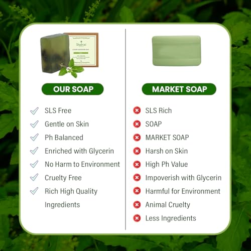 Image of Shatras Ayurvedic Handmade Premium Tulsi Bathing Soap | Herbal Soap for Acne-Prone Skin, Anti-Bacterial Care, Removes Dirt & Impurities | Suitable for All Skin Types (Pack of 3)