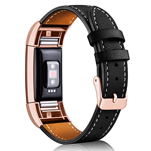 Mornex Replacement Leather Band Compatible with Fitbit Charge 2, Classic Genuine Leather Wristband for Men Women(Black-Rosegold Buckle)