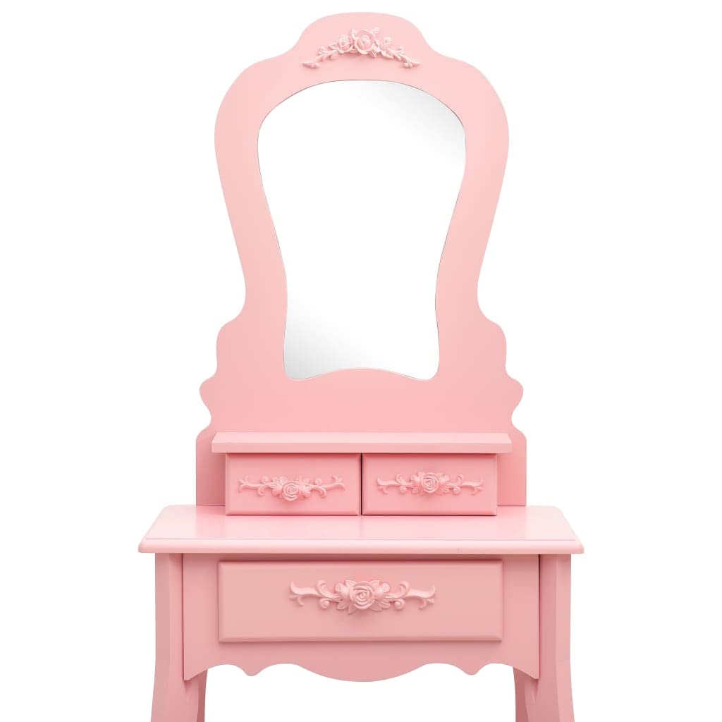 Juego de tocador con taburete de madera de paulownia rosa, 50 x 59 x 136 cm, con espejo, 1 cajón grande, 2 cajones pequeños, para dormitorio, baño, niña