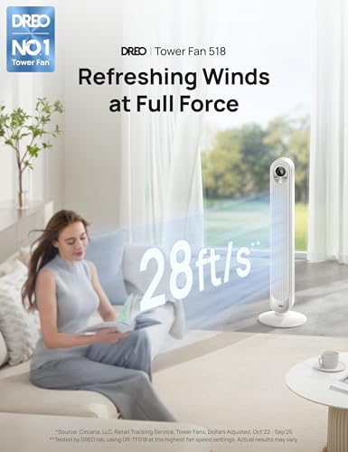 Image of DREO Tower Fan for Bedroom, 28 ft /s, 20dB Quiet Oscillating Bladeless Fan with Remote, 9 Speeds, 4 Modes, 12H Timer, LED Display, Standing Floor Fan Powerful for Indoor Home Office Room, 42 Inch