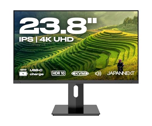 JAPANNEXT Monitor 23,8 IPS 4K UHD (3840x2160) | Ricarica tramite USB-C(65W) Altezza e inclinazione regolabili(HSP) Altoparlanti | sRGB 100% G-Sync/FreeSync | Garanzia 2 anni | JN-IPS2380UHDR-C65W-HSP