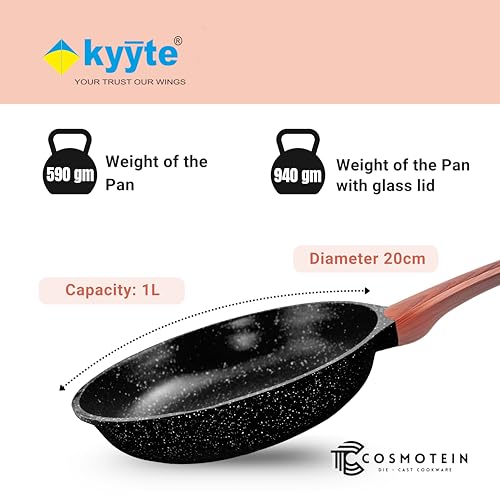 Image of kyyte CosmoTein Die Cast Non Stick Fry Pan with Glass Lid 20 cm Dia,Pasta,Saute Pan,Nonstick Fry Pan with 5 Layer Coating,Gas &Induction Stove Friendly,Dishwasher Safe,PFOA&PFOS Free, Safe&Toxic-Free.