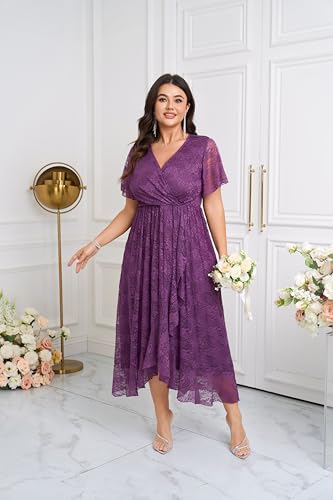 Image of SCOMCHIC Womens Plus Size Wedding Guest Dress Formal Lace Wrap V Neck High Low Short Sleeve Cocktail Maxi Dresses XL-4XL