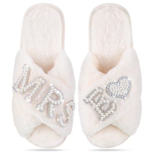 Bride Slippers Mrs Slippers Wedding Bride Slippers Personalized Initial Pearl Slippers Bridal Gifts for Christmas(7-8,E)