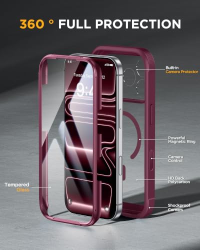 Image of Miracase Magnetic for iPhone 17 Pro Case 6.3 inch [Compatible with MagSafe] Full-Body Phone Case with Built-in Glass Screen Protector & Camera Control,Drop Proof iPhone 17 Pro Cover, Deep Magenta
