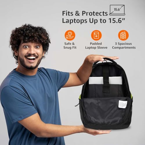 Image of Amazon Basics Casual 29L Backpack with Padded Laptop Sleeve | Backpack for Men & Women | Rain Cover Included | 3 Compartments | Travel Bag for Boys & Girls | (Black)