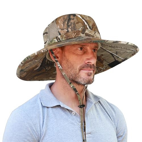 Image of Men Safari Sun Hat Wide Brim Boonie Fishing Cap with Adjustable Drawstring