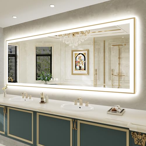 Image of 96x36 LED Bathroom Mirror with Lights, Gold Framed Lighted Mirror | Backlit and Front light, Anti-Fog, 3 Color Dimmable, Memory, Tempered Glass, IP54 Waterproof, UL Listed