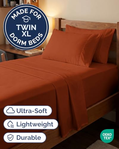 Image of Extra Deep Twin XL Sheet Set - 4 Piece Breathable & Cooling - Terracotta | Hotel Luxury Bed Sheets Set, Easy & Secure Fit, Ultra-Soft, Wrinkle & Fade Free, Comfy Sheets Set with Extra Deep Pockets