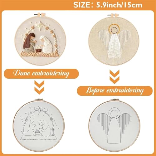 Image of YOUDRN Nativity Scene Embroidery kit,Christmas Cross Stitch Kits,DIY Embroidery Kit for Adults with Pattern,Cotton Threads,Needles,Instruction,20cm Hoop,for Decor Home Room (4 Set)