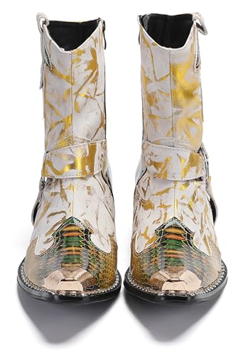 Santimon Men's Dress Casual Cowboy Boots - Genuine Leather Western Boots with Buckle Chain & Metal Wingtip Toe for Wedding, Party Disco & Motorcycle3