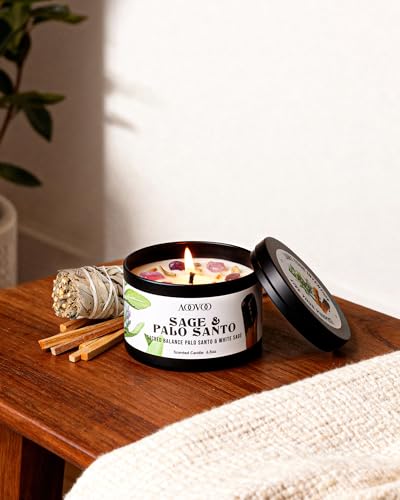Image of AOOVOO 2 Pack Sage & Palo Santo Candles - Cleansing Candle with Crystals, Sage Leaves & Palo Santo Wood, 13oz 100 Hours Long Lasting, Non Toxic Candle for Spiritual Energy Cleansing Meditation Yoga