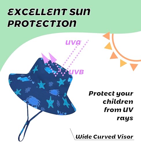 Baby Sun Hat Toddler Bucket Hats Summer Sun Protective Kids Beach Hats Wide Brim Outdoor Camping Hat for Boys Girls Navy Blue 2-4 T