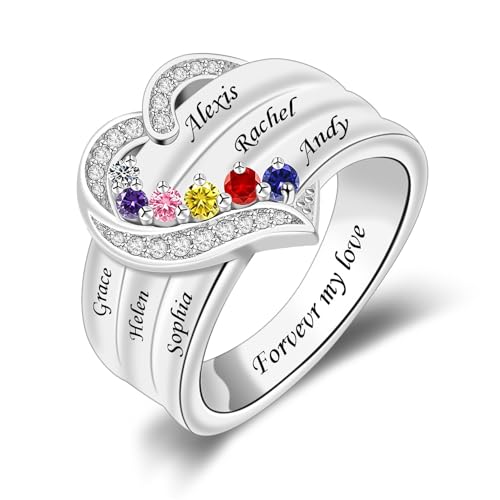 Personalized Birthstones Rings for Women Heart Mother Ring with Simulated Birthstones Custom Stones Ring Jewelry for Her Engagement Name Promise Ring for Mom Wife Grandmother