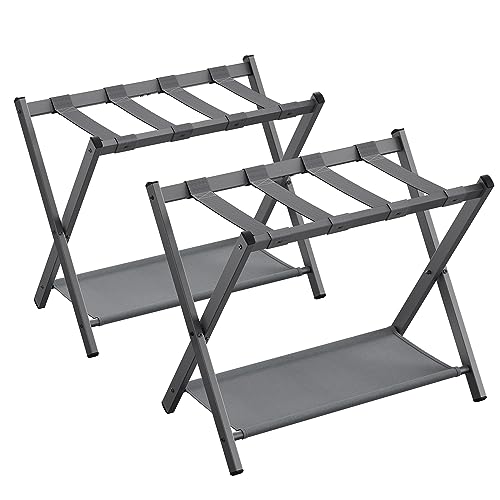 JYHUHGRG Bagagerek - kofferstandaard, 2 niveaus thuis slaapkamer koffer reizen borst opslag standaard, thuis massief hout opvouwbaar bagagerek, koffer standaard met nylon riemen, 60 x 50 x 65 cm