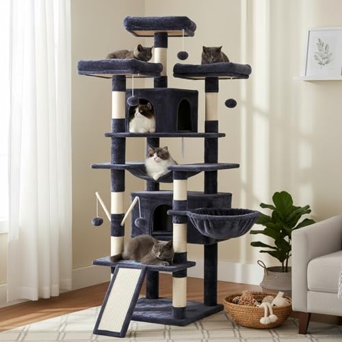Image of Hey-brother Cat Tree, 71 inches XL Large Cat Tower for Indoor Cats, Multi-Level Cat House with 3 Padded Perches, Big Scratcher, Cozy Basket, 2 Cat Condos and Scratching Posts, Smoky Gray MPJ034G