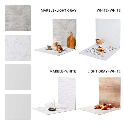 2 PCS 4 Pattern Boards Photo Backdrop for Flat Lay, Food Photography Background 24x24 Inch, BEIYANG (Marble+Light Gray)