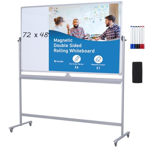 72" x 48" Double-Sided Mobile Whiteboard with Stand | Extra Large Rolling Magnetic Dry Erase Board | Reversible Whiteboard for Office, Classroom & Home | Heavy-Duty Presentation Easel