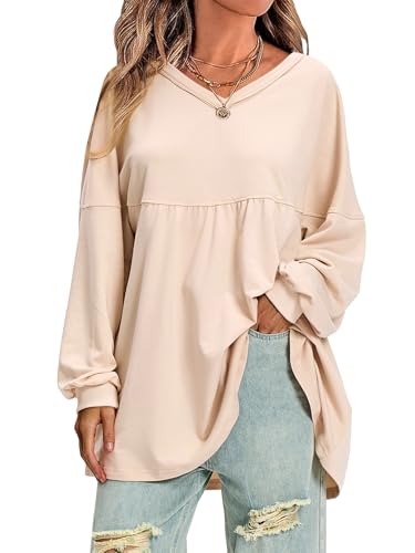 EXLURA Womens Fall Long Sleeve Shirts V Neck Casual Maternity Tops Loose Babydoll Pullover Dressy Tunic Blouse Outfits 2025