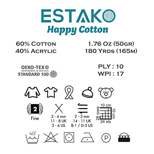 Estako Happy Cotton, 60% Cotton 40% Acrylic Yarn, Soft, Fine/Sport (2) For Crochet And Knitting 1.76 Oz (50G) / 180 Yrds (165M) (4730 - Mustard Yellow) #TOP2