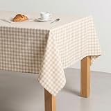 GAMUSI Fleckabweisende Tischdecke mit Vichy Karo, rechteckig, Baumwollgewebe, natürliche Haptik, 140 x 100 cm, naturfarben