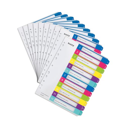Leitz Register für A4, 10er Pack, PC-beschriftbares Deckblatt und 12 Trennblätter, Taben mit Zahlenaufdruck 1-12, Überbreite, Mehrfarbig, Polypropylen, WOW, 12440000