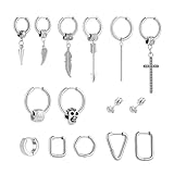 Men's Earrings 15Pcs Set - Stainless Steel Hypoallergenic Ear Studs & Danglers for Men | Includes Cross, Hoop, CZ Stud Earrings in Silver & Black