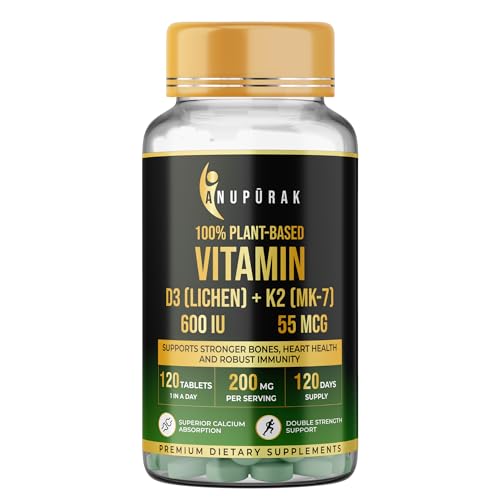 Image of Vegan Vitamin D3 K2 MK-7 Tablets - Lichen D3 & Natto K2 | Supports Bone Strength, Calcium Direction & Immunity | 100% RDA . Plant-Based | 120 Veg Tablets (120 Days)
