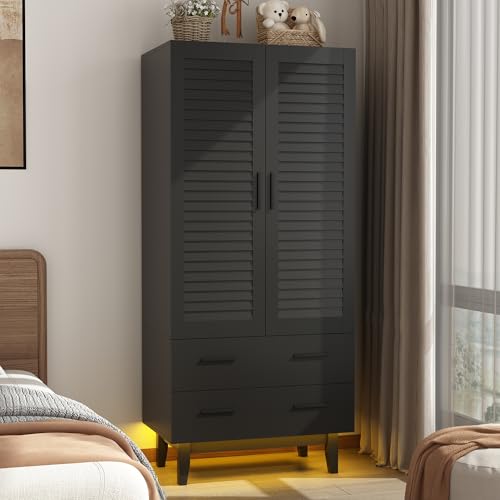 2-Door-Armoire-Wardrobe-Closet-Cabinet-with-Drawers-and-LED-Lights-Multi-Tier-Shelves-Hanging-Rod-2-Louver-Doors-Large-Capacity-Storage-Wardrobe-Armoire-for-Bedroom2-Doors-Black 2 Door Armoire Wardrobe Closet Cabinet with Drawers and LED Lights Multi Tier Shelves Hanging Rod 2 Louver Doors Large Capacity Storage Wardrobe Armoire for Bedroom2 Doors Black