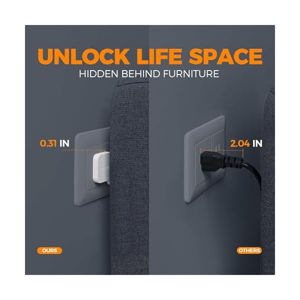 Flat Plug Extension Cord Indoor 5 Feet, Power Bars with Surge Protector, TESSAN Power Strip with 4 Multiple Outlets 3 USB Ports (1 USB C), Surge Protection for Dorm Room Home Office, Gray - Image 3